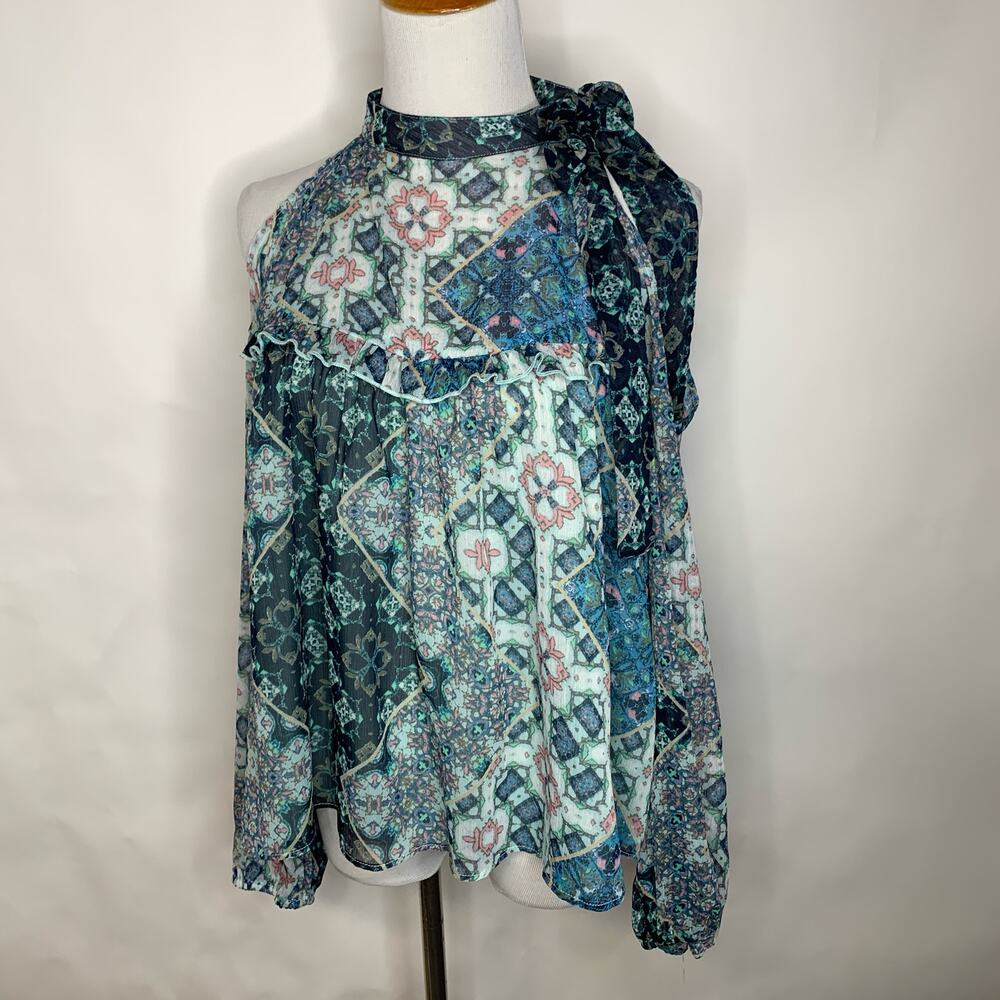 Boho Mosaic Print Halter Neck Blouse - Teal Multi